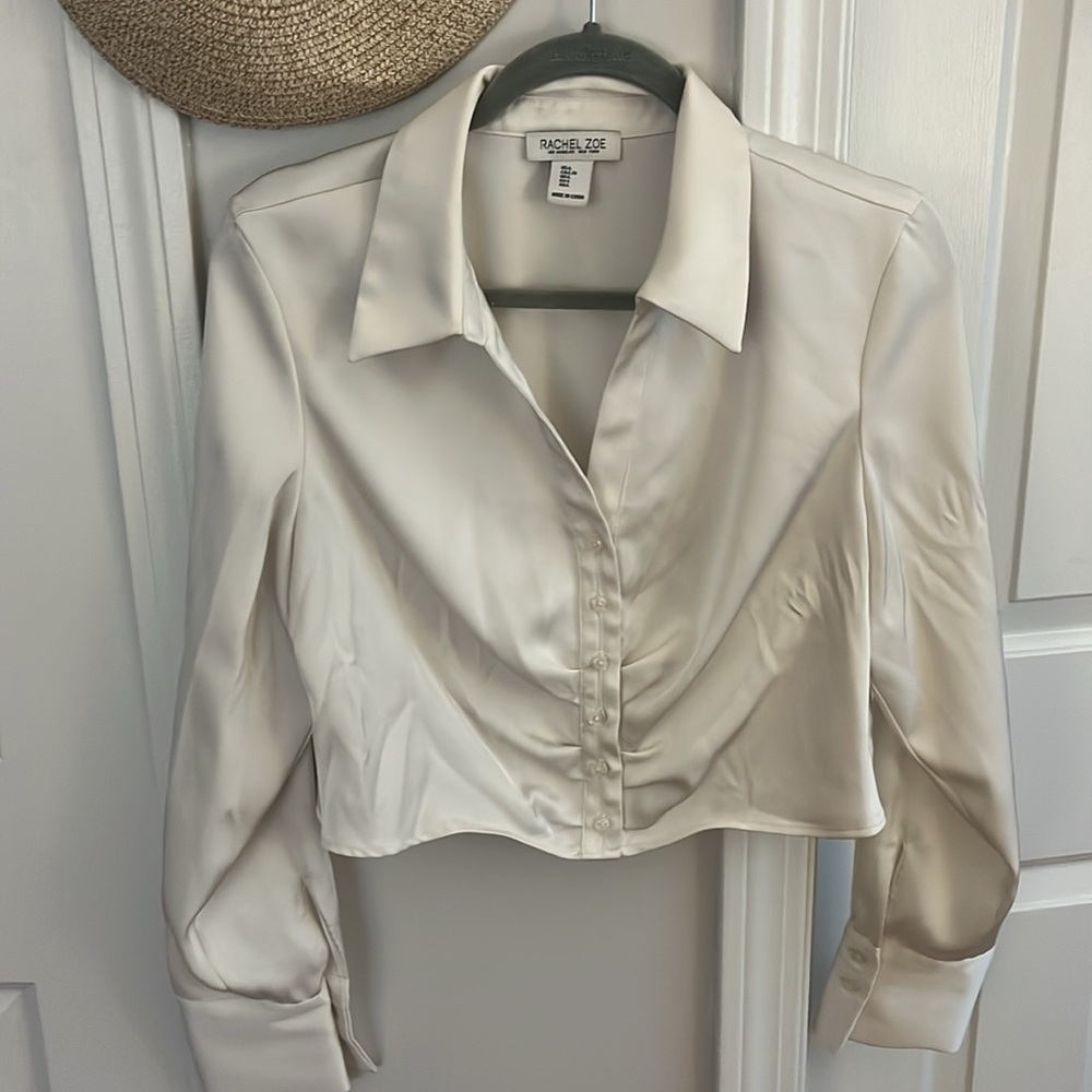 Rachel Zoe Cream Satin Cropped Blouse, Size Large